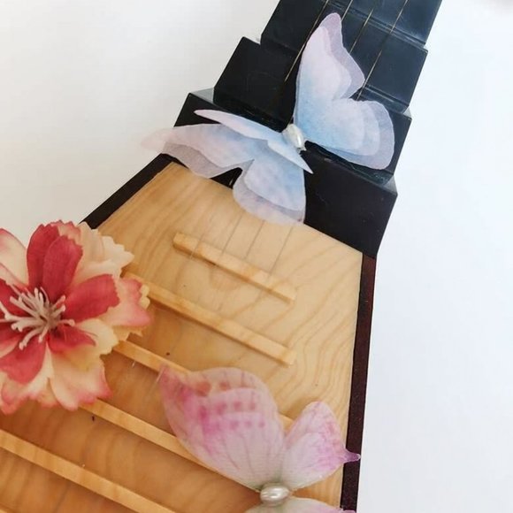 Decorative Pipa Musical Instrument with Silk Flowers Butterflies Pearls - Picture 3 of 5